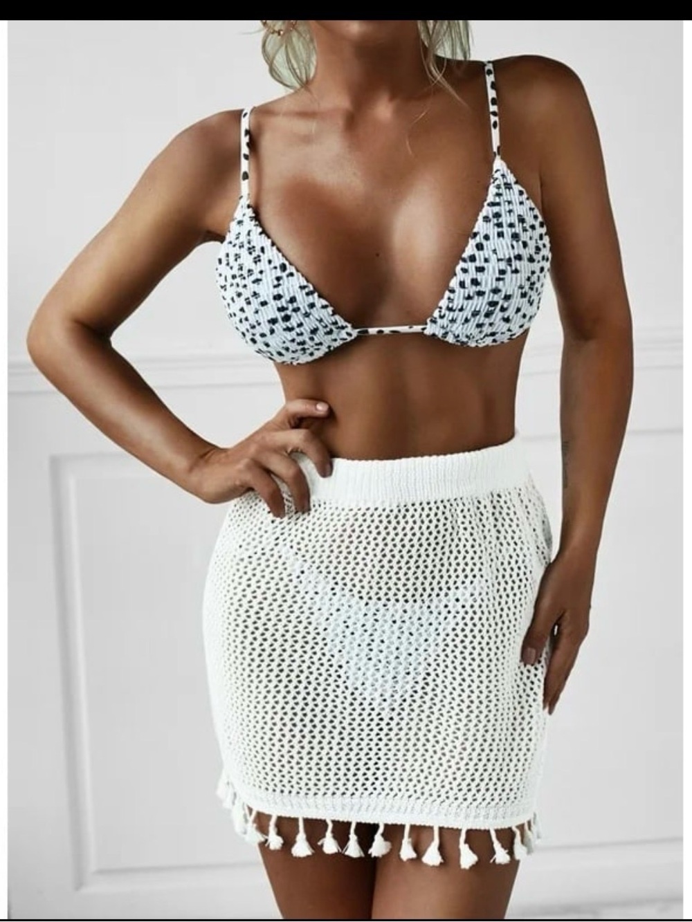 Zaful White Crochet Tassel Beach Skirt with Matching Bikini Top